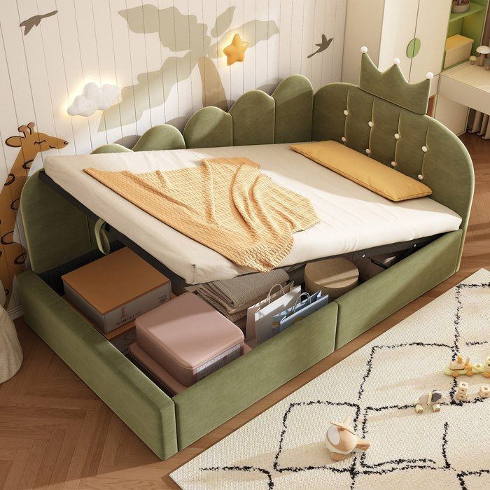 Lit enfant capitonné 90x200 cm Canapé-lit Lit coffre Lit rembourré en velours avec rangement tête de lit couronne - vert