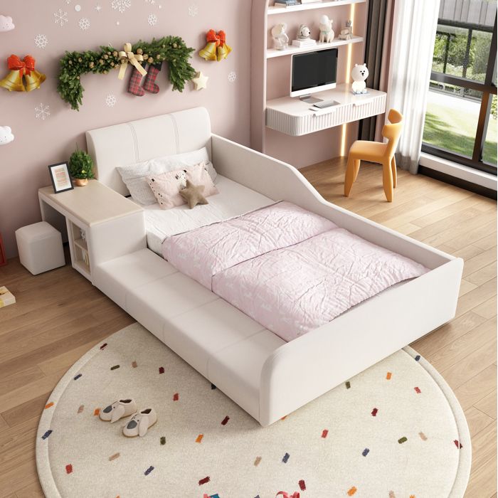 Lit combiné enfant 90×200 cm avec bureau intégré tabouret étagère de rangement velours blanc sans matelas - UVRION