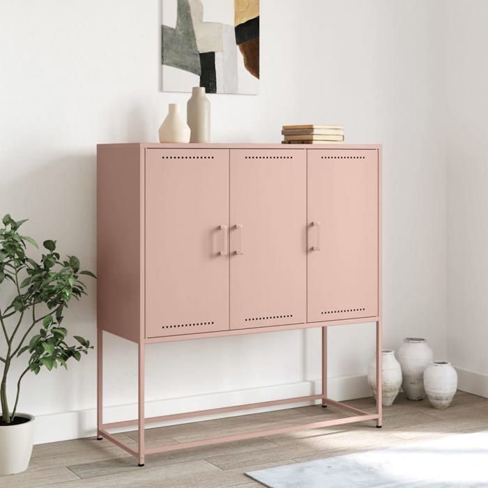 (15550)Meuble rangement - Buffet haut - contemporain - rose 100 5x39x107 cm acier poid:26.5 kg