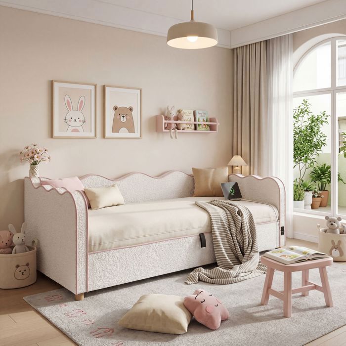 Canapé-lit 90x200 cm en bouclé avec coffre hydraulique USB dossier rembourré banquette convertible pour salon beige