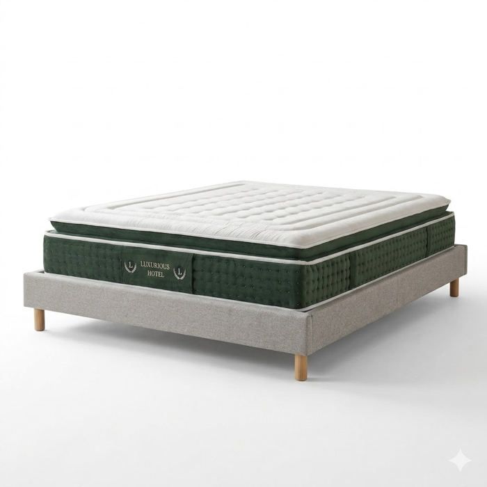 Ensemble lit fixe en tissu et matelas - SAMPUR - Émeraude - 140x190 cm - Gris clair - Matelas hôtelier 33 cm mémoire de forme Ensemble lit fixe en tissu et matelas - SAMPUR - Émeraude - 140x190 cm - Gris clair - Matelas hôtelier 33 cm mémoire de forme