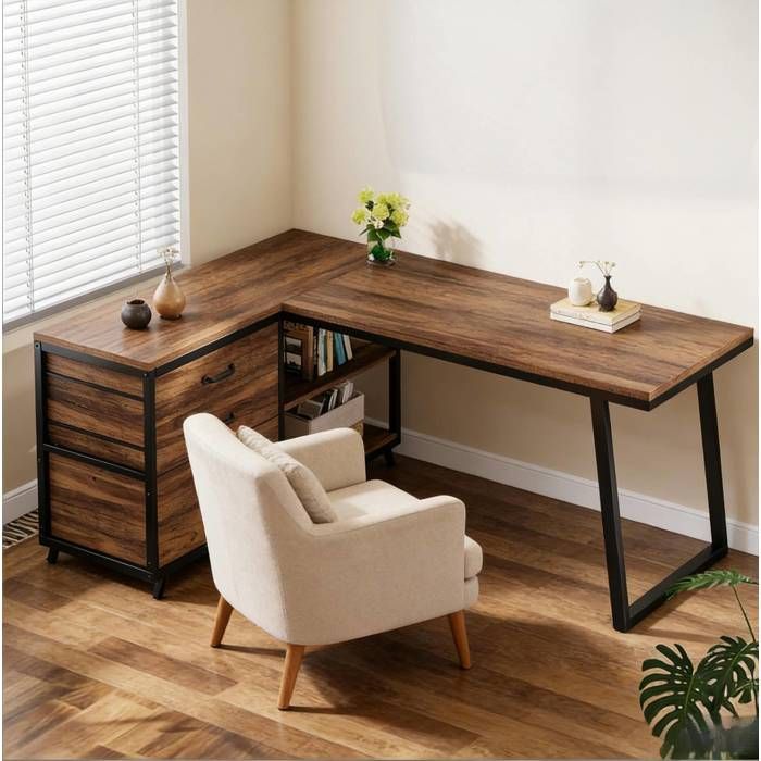 WUVRIE Bureau dangle réversible avec tiroirs et étagères 135 x 100 x 75 cm aspect bois et métal noir