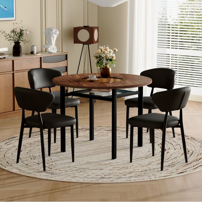 Ensemble table à manger ronde 100 cm avec 4 chaises noires en PU plateau MDF effet bois et insert en verre