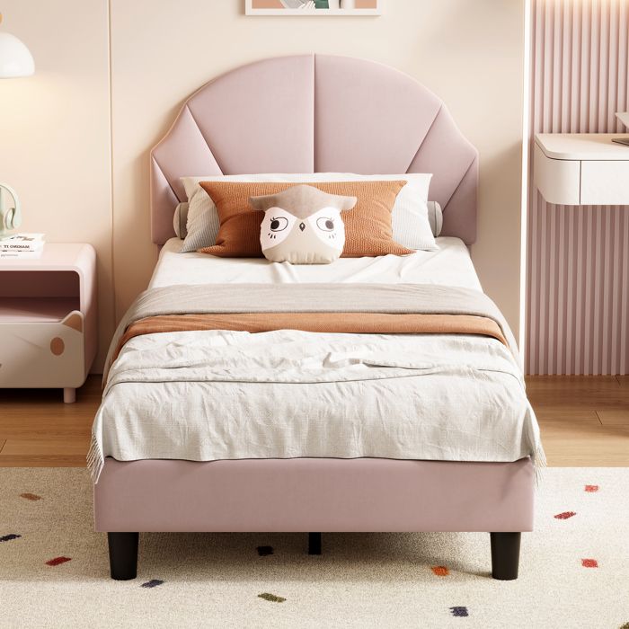 Lit enfant 90x200 cm lit simple capitonné avec tête réglable et sommier à lattes pour filles et adolescentes velours doux Rose.