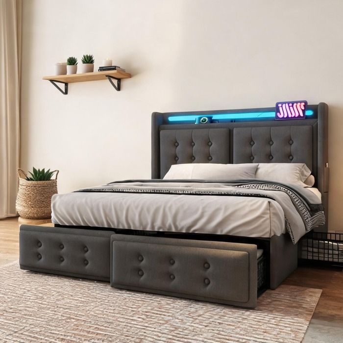 Lit plateforme 160x200 tissu coton lin gris doux avec tête de lit LED USB-C et 4 tiroirs