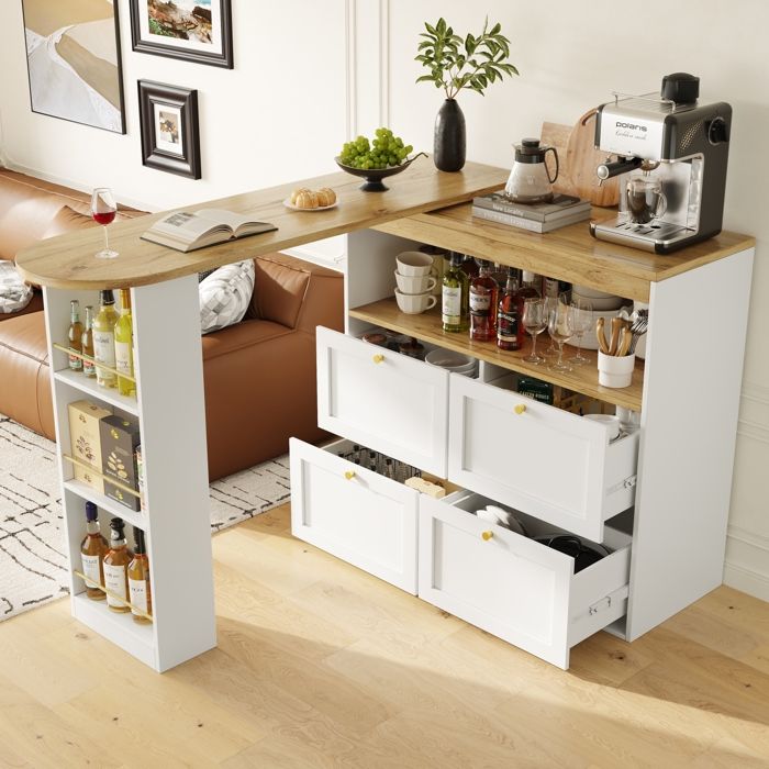 Buffet haut rotatif 360° 4 tiroirs 204 x 39 x 102 cm en MDF blanc avec rangements ouverts JOINERY