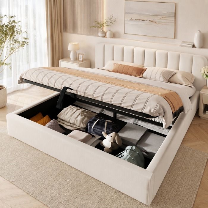 Lit 180x200 cm avec rangement Lit coffre avec LED Lit capitonne avec sommier à lattes Lit 2 Personne Lit adulte Chenille Beige