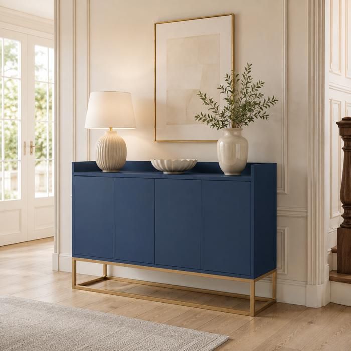 Commode de Rangement avec 4 portes Buffet avec Étagères Réglables et Pieds Métal Doré 120x80x30 cm Bleu