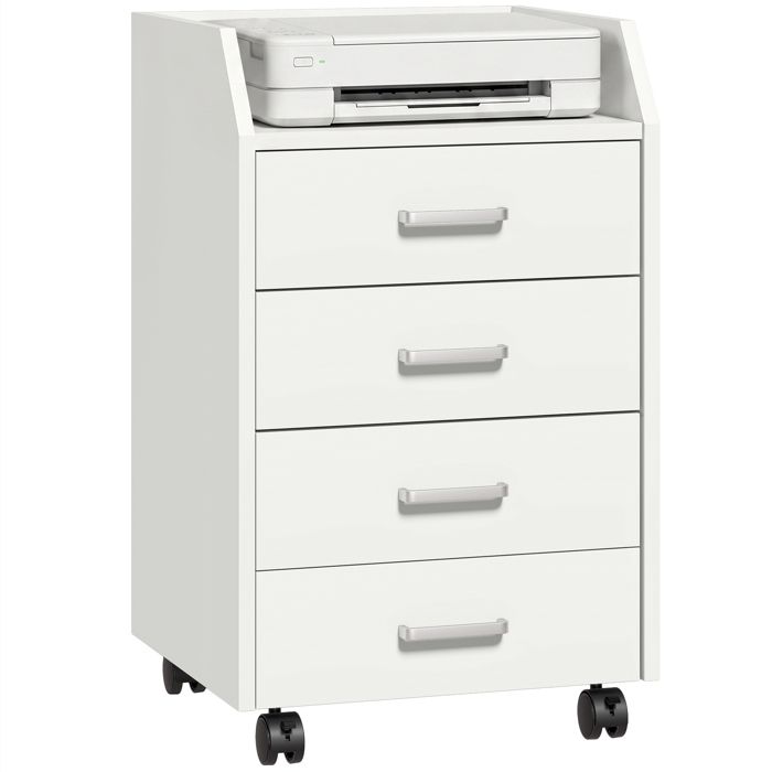 4 tiroirs caisson de bureau mobile rangement dossiers et imprimante 40x36x65 cm blanc