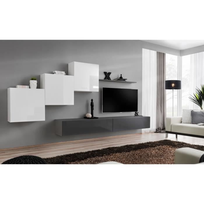 ensemble mural - ac-déco - switch x - 3 vitrines carrées - 2 bancs tv - blanc et graphite