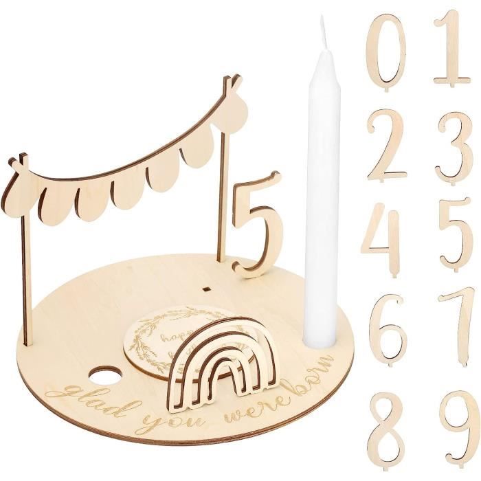 Assiette D'Anniversaire En Bois Personnalisable - Chiffres 0 à 9, Avec Bougie Et Vase - Cadeau Enfant Garçon/Fille