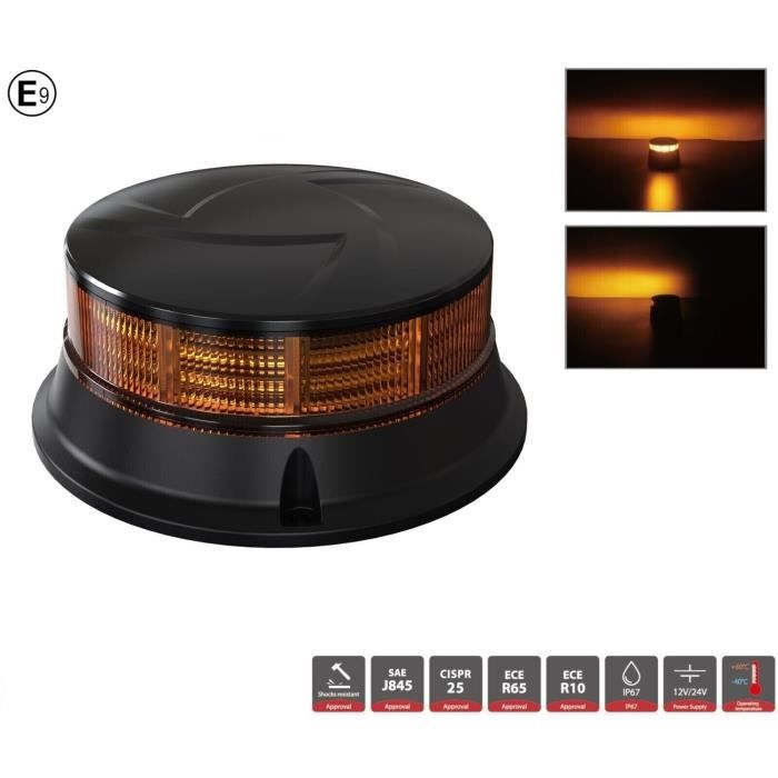 Gyrophare Led Orange Rotatif 7 Modes Flash 30 LED Homologation 12/24V IP67