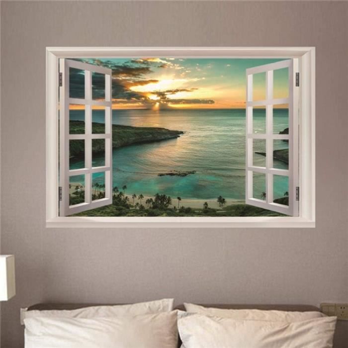 Autocollant Mural Repositionnable Coucher De Soleil Plage - Déco Murale 28x18 Cm