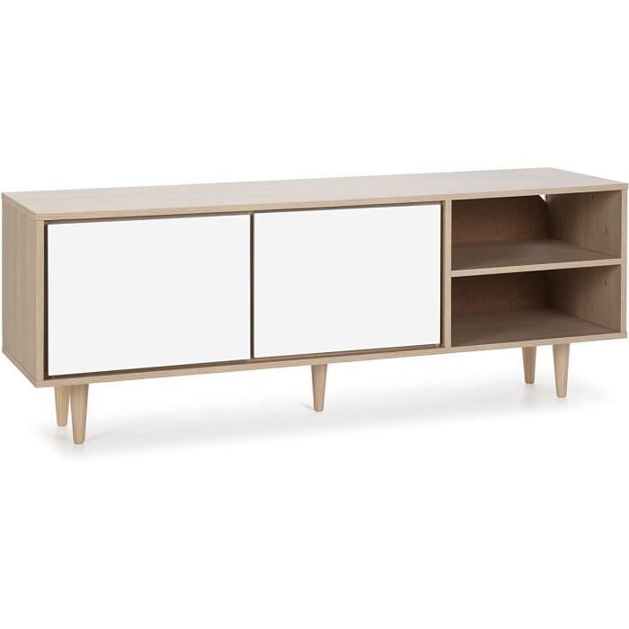 HOMN LIVING Meuble TV Lluvia 130x40x45cm - 3 Portes Coloris Chêne
