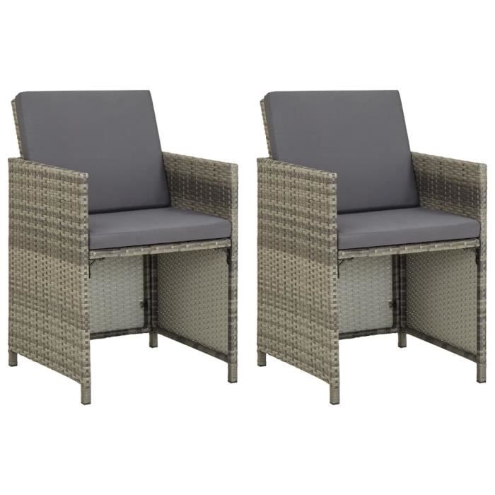chaises bistrot de jardin en résine tressée - 9376genial® - lot de 2 - gris - coussins amovibles