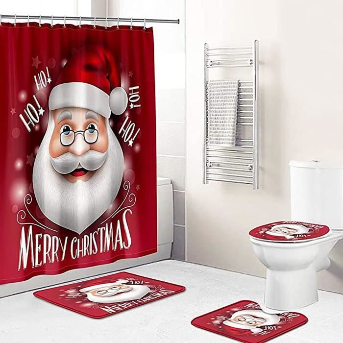 Décoration De Noël Pour Salle De Bain - Housse D'abattant WC + Tapis + Boîte à Mouchoirs - Thème Père Noël, Lavable