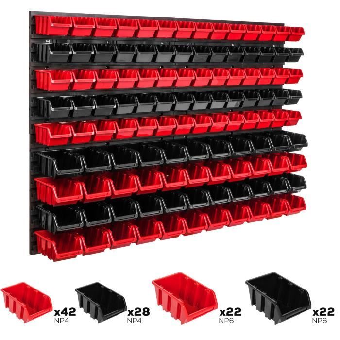 Système de rangement 115 x 78 cm a suspendre 114 boites bacs a bec XS et S rouge et noir boites de rangement