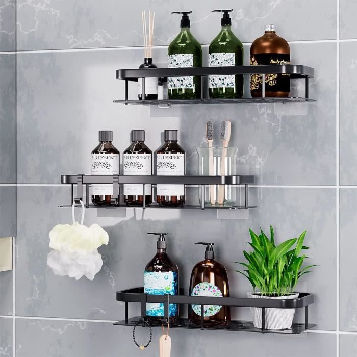 Étagère Douche Acier Inox 3 Pièces Sans Perçage - Support Brosse à Dents Et Savon - Argent