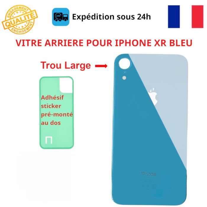 VITRE ARRIERE IPHONE XR BLEU LOGO ADHESIF GROS TROU