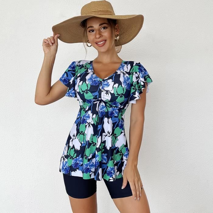 Maillot De Bain 2 Pièces Femme Tankini - Imprimé Floral, Push Up, Taille Haute - Grande Taille, Polyester