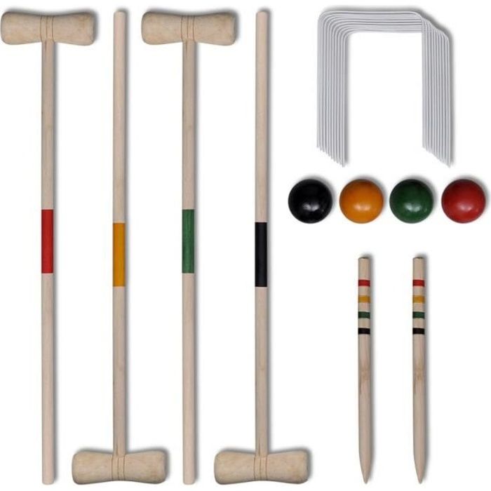 Jeu de croquet en bois OVONNI pour 4 joueurs - Bois naturel et rayé - A partir de 3 ans