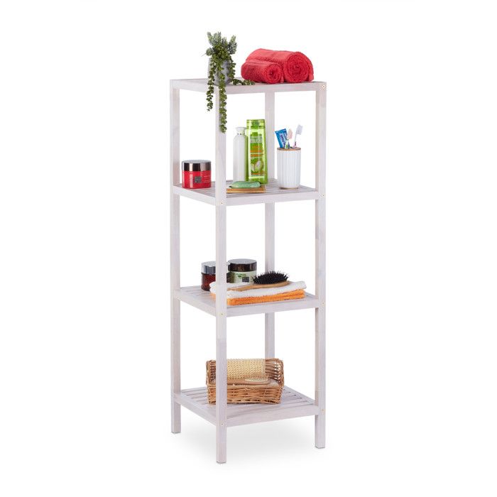 Relaxdays Étagère de salle de bain bois de noyer rangements ouverte carrée bois 112 x 36 x 36 cm sur pieds blanc