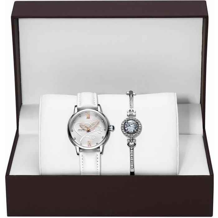 Coffret Montre Femme + Bracelet Femme , 2021 Marque de Luxe Diamant Montres quartz etanche cuir blanc , très élégante