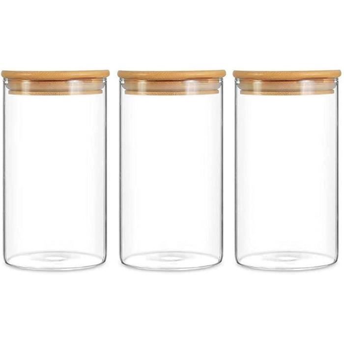 Pots Farine Pâtes Transparents YIK TUNG Bocaux Conservation 3 Pièces - 1600 Ml - Verre Borosilicate Avec Couvercle Bois - Hermétiques - Pour Pâtes, Farine, Café Organisation Cuisine Design