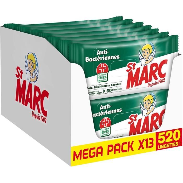 St Marc Lingettes Nettoyantes Désinfectantes Antibactériennes Compostables – 30 Lingettes Extra-Larges (60 Normales)
