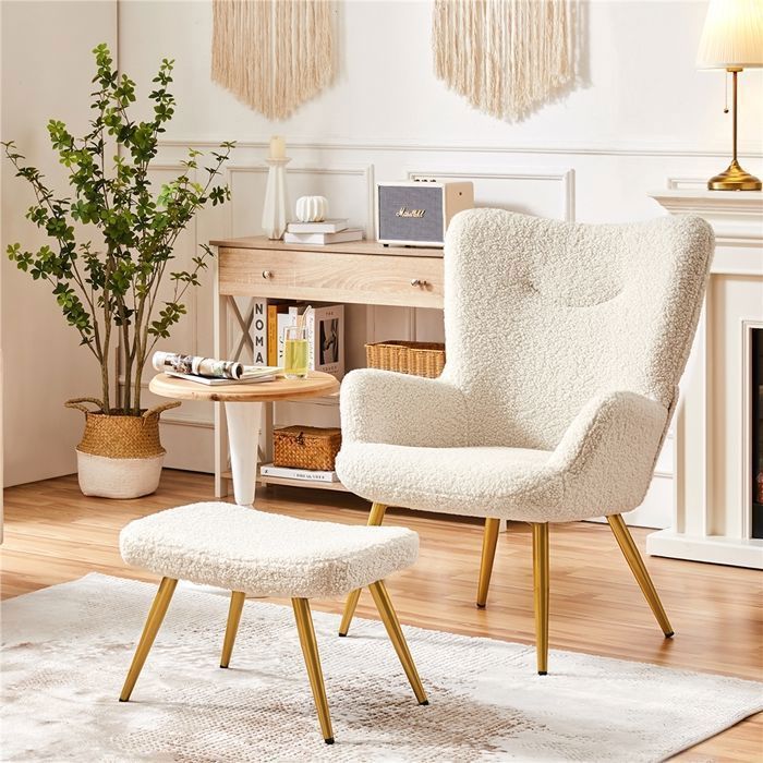 Fauteuil Scandinave à Oreilles avec Tabouret en Tissu Bouclette Fauteuil de Salon et Télévision 675 × 70 × 975 cm Blanc YAHEETECH