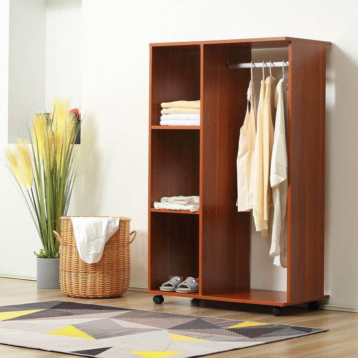 Armoire Penderie Mobile HOMCOM – 4 Roulettes, Rideau, 3 Compartiments Ouverts – 80x40x128 Cm | Rangement Chambre Pratique Et Ventilé