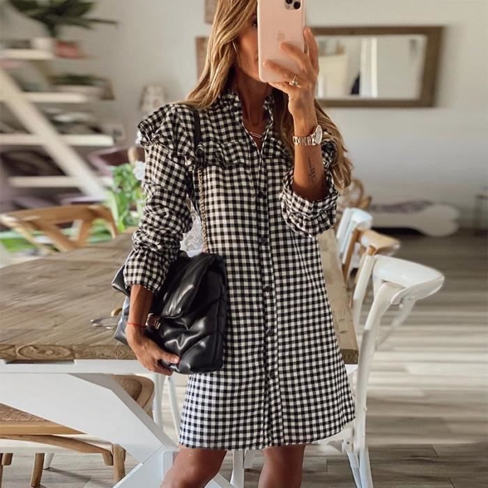 Robe Robe de bureau pied de poule a volants pour femmes Vintage decontractee a carreaux chemise Midi manches Type Black Blanc Cdiscount Pret a Porter