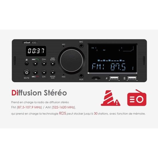 IeGeek Autoradio Bluetooth Main Libre FM AM RDS Poste Radio