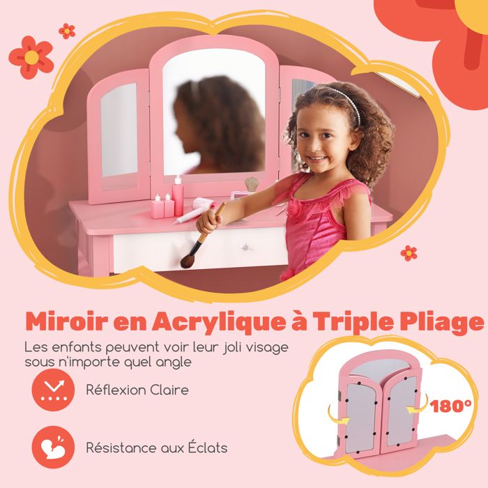 Coiffeuse Enfant En Bois Avec Tabouret Et Miroir Pliable - Rose Clair, Moderne