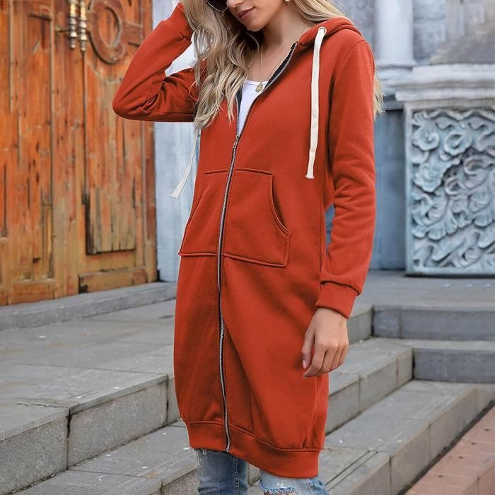 MANTEAU CABAN PARDESSUS Veste Sweats Femme Longue Capuche Vestes Sweat Femmes Hoodie Oversize Sweat Shirt Sweatshirt Orange Orange Cdiscount Pret a Porter