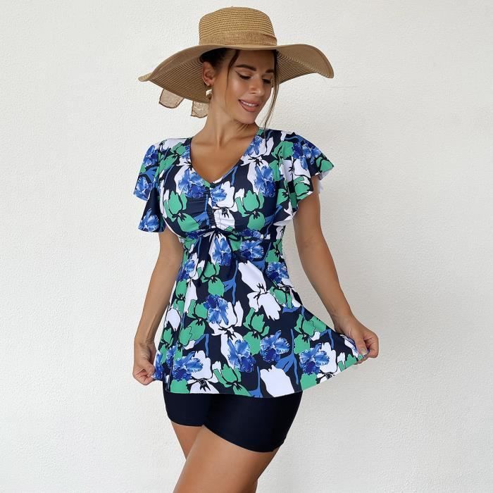 Maillot De Bain 1 Pièce Avec Jupette Push Up Rembourré Cache Amincissant - Bleu - Femme Bleu