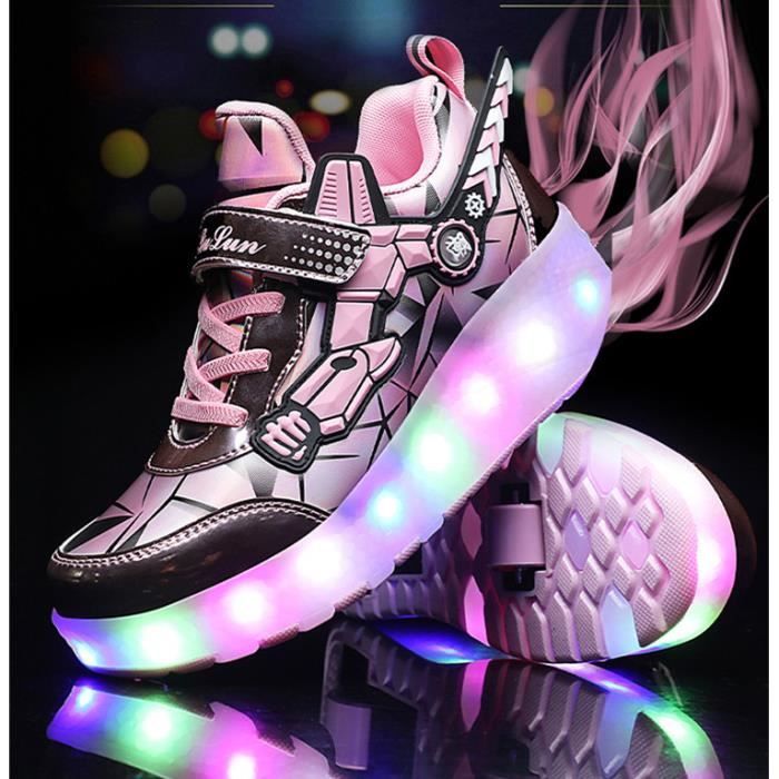 Enfants Chaussures LED Lumieres Clignotante Patins a roulettes Fille Baskets de Skateboard USB Rechargeable Outdoor Mode