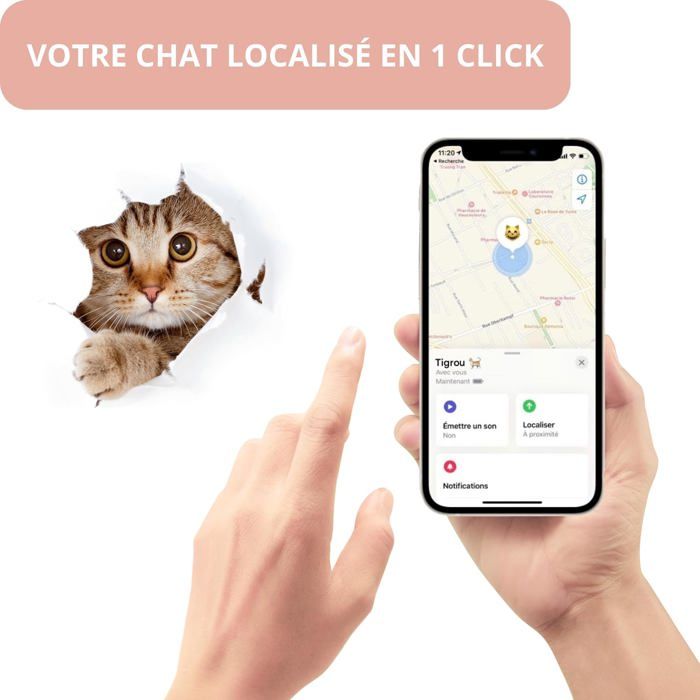 Collier GPS Pour Chat Sans Abonnement - Localisation En Temps Réel - Boucle Anti-étranglement Réglable - Pour Toutes Tailles