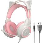 HK1RBOX Casque de jeu PC - Oreilles de chat - Micro rotatif - 35 mm avec microphone - Éclairage RVB - Filaire - Rose