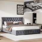 BLANKETSWARM Lit coffre - Chesterfield - 160x200 cm - Tête de lit capitonnée - Velours gris - Sommier à lattes