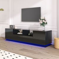 Meuble TV Contemporain avec Tiroirs Portes, Armoire Noir Haut Brillant, Etagère en Verre, Table Basse à éclairage LED, 165x38x43cm