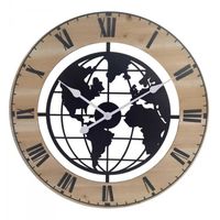 Grand horloge murale ronde décorative chiffres romains, bois MDF marron et métal noir, décoration murale design industriel élégant
