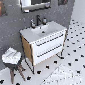 LAVABO - VASQUE Ensemble Meuble de salle de bain blanc 80cm + vasque en résine blanche 80x50 + tiroirs blanc mat