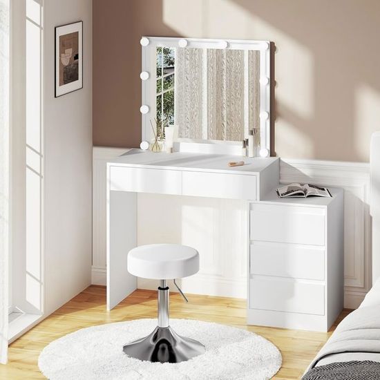 Coiffeuse WOLTU Avec Miroir LED, 5 Tiroirs Et Tabouret Réglable - Éclairage 3 Tons & 10 Niveaux - Blanc MB6116ws