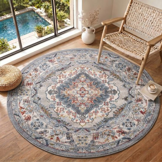 Tapis Rond Vintage Oriental 190 Cm - Poils Ras Marron - Pour Salon, Chambre, Bureau - Dessous Antidérapant - 3