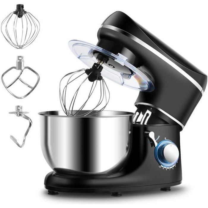 Robot pâtissier en acier inoxydable 5.5L,Mixeur Multifonction,10 Vitesses Réglables avec Crochet,Fouet Batteurs sur socle 1300W