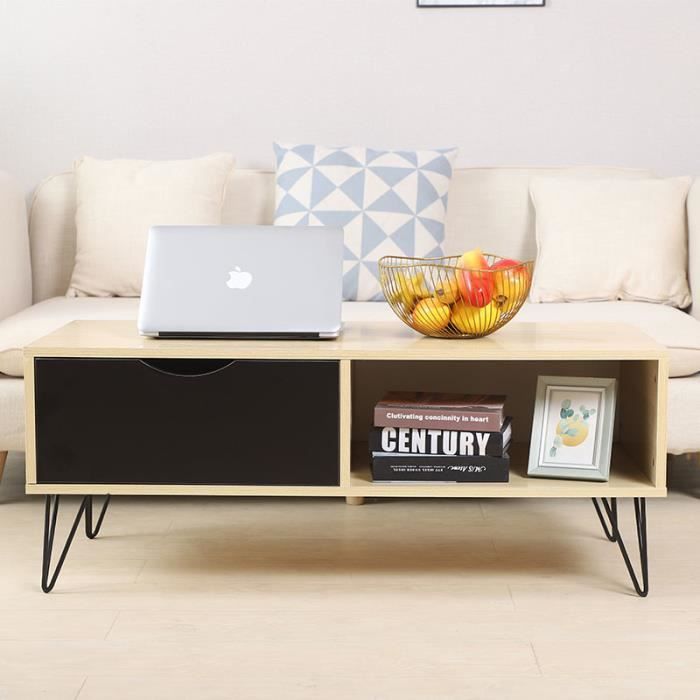 MIXMEST° TABLE BASSE DESIGN SCANDINAVE AVEC PIEDS DE FER - 1 TIROIR ET 1 NICHES CHENE + NOIR