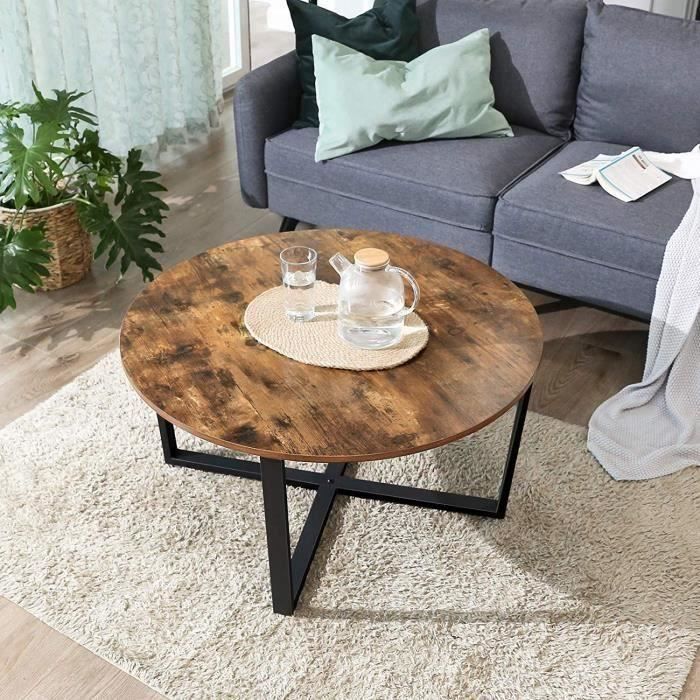 Table Basse De Salon Ronde Style Vintage - Structure En Métal - Noir et Brun 70*70*40 cm