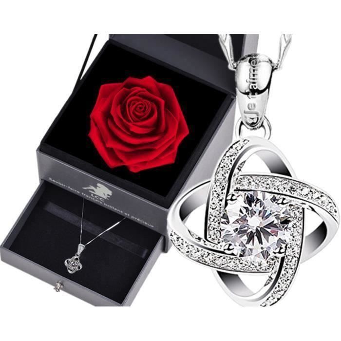 Cadeau femme amour romantique original collier femme en argent Gravé Je t'aime boîte coffret Rose éternelle rouge St Valentin