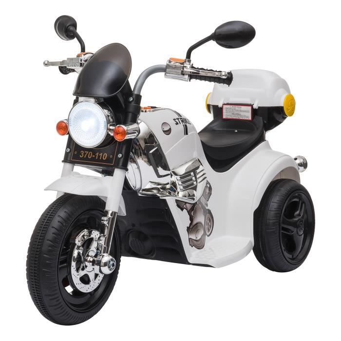 Moto électrique pour enfants scooter 3 roues 6 V 3 Km/h effets lumineux et sonores top case blanc